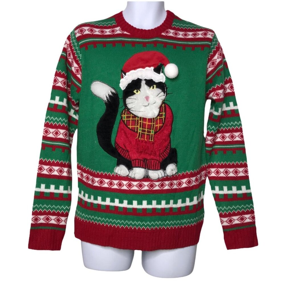 NWT 33 Degrees Santa Claus Cat Sweater Mens L Ugly Pullover Funny Party Striped